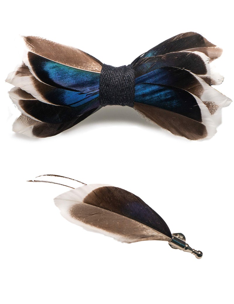 RBOCOTT Mens Handmade Feather Pre-tied Navy Bow tie and Brooch Sets (navy blue/brown) - Image 1